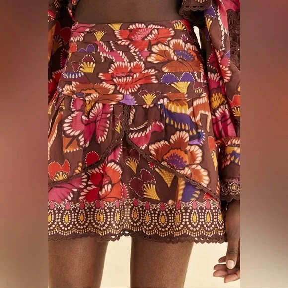 New! FARM Rio Bright Flora Cotton Mini Lace Skirt in Brown  Large NWT!